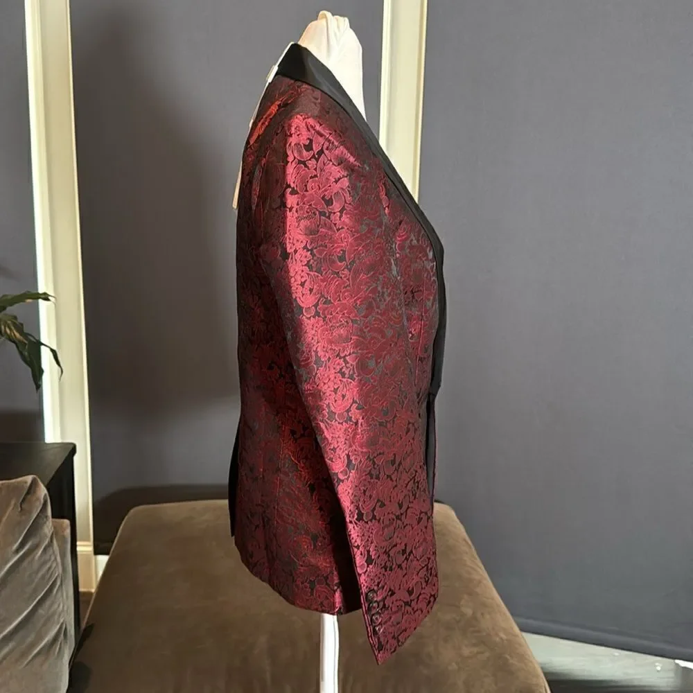 Men’s Boys Burgundy Paisley Slim Fit 3 Piece Tuxedo Size 30 Jacket 29 Pants NWT